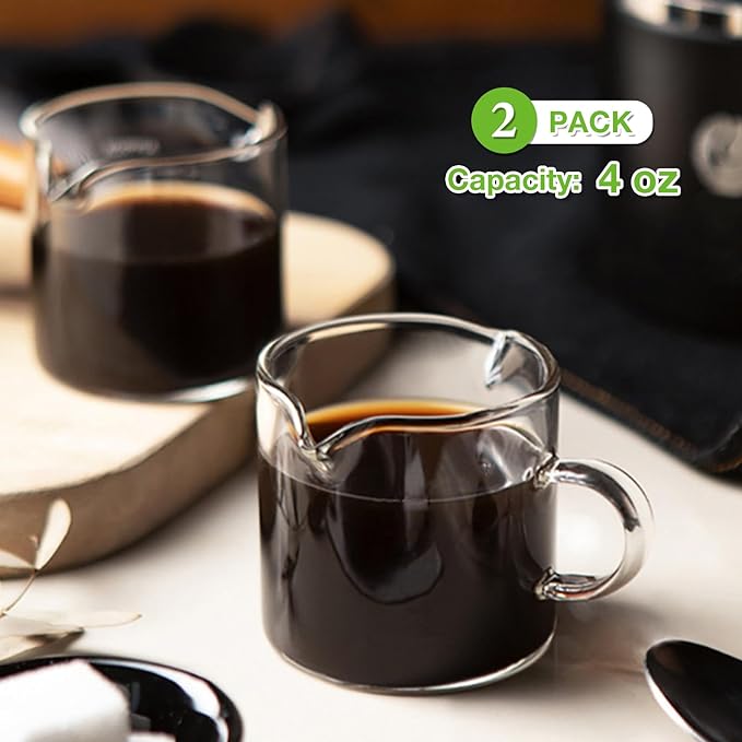 Espresso Cups Set of 2, 4 OZ Double Spouts Cups, Shot Glasses, Milk Cup with Handle, Clear Glass, Espresso Accessories for Machine, Small
