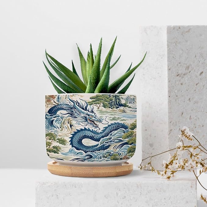 Trend Dragon Chinoiserie Asian Inspired Ceramic Planters With Saucers for Orchids, Succulents, Plants - Home Office Desk Garden Balcony New Home Decor