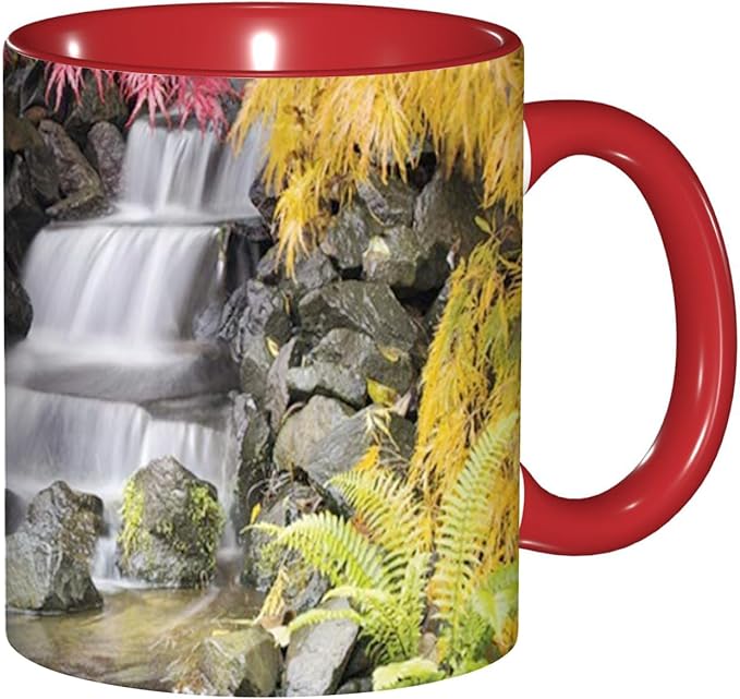 Autumn,Funny Novelty Ceramic Coffee Cups With Handle,Tropical Fall with Colorful Flowers Asian Tea Cup for Office and Home, 11 Oz,Dishwasher Microwave Safe (Red)