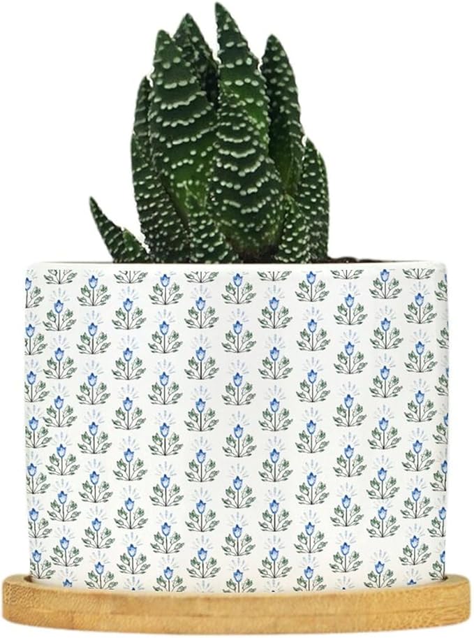 Blue Floral Ceramic Planter Mughal Flower Flower Pots for Indoor Plants with Drainage Holes and Saucers Pot for Outdoor Garden Home Plant
