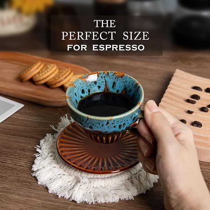 4 oz Espresso Cups Set of 2, Ceramic Cappuccino Cups with Saucers, Durable Porcelain Tea Set & Modern Coffee Cup Collection, Coffee Lover Gifts, Glazed Blue