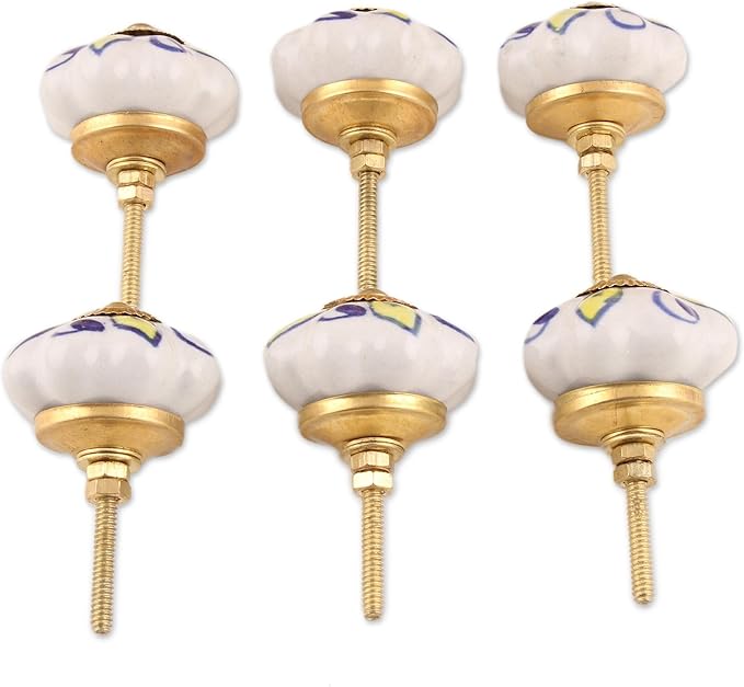 NOVICA Artisan Handmade Ceramic Cabinet Knobs Floral Yellow White Set of 6 India Metal Decor Accessories Decorative Hardware Painted Garden Party Bohemian [ 3.1in H x 2in W x 1.2in D Screw Length 1.6]