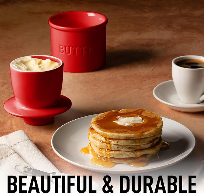 Zulay Kitchen Bell Shaped Butter Crock with Lid for Countertop with Water Line & Spreader Knife, Ceramic French Butter Dish Keeper For Fresh, Soft & Spreadable Butter - Red