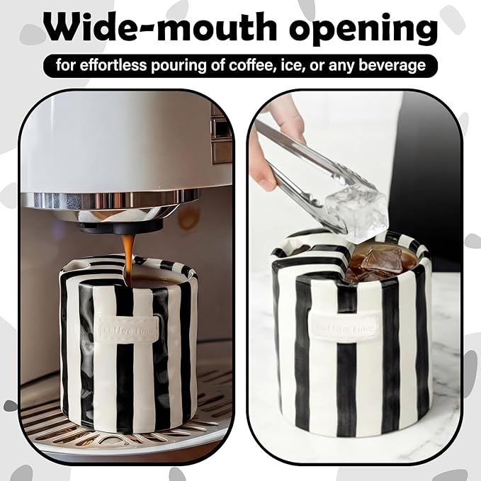 1 Pack Ceramic Coffee Mug with Sip Hole Espresso Cup 10oz with Straws Retro Hand Painted Striped Porcelain Coffee Tea Cup Cappuccino Latte Mug for Kitchen Dining Travel (Black)