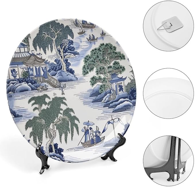 Asian Scenic in Blue And Kelly Green Chinoiserie Vintage Plates for Display Housewarming Gifts Kitchen Supplies Office Farmhouse Holiday Party Decorations Personalized Gifts for Men Women Holiday