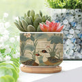 and Duck Garden Small Ceramics Pots for Plants Set of 2 Green Water Lily Chinoiserie Flower Ceramics Plant Pot with Drainage Bamboo Trays Chinoiserie Chic Planter for Succulents