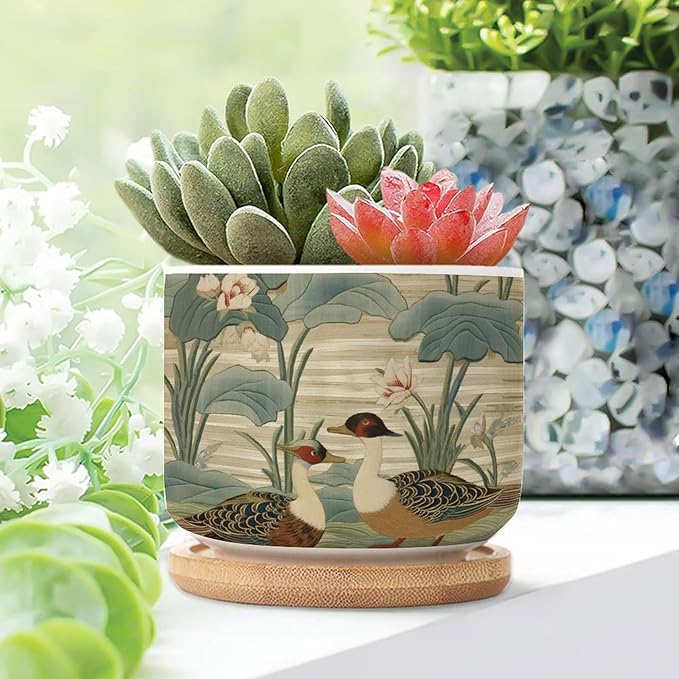 and Duck Garden Small Ceramics Pots for Plants Set of 1 Green Water Lily Chinoiserie Flower Ceramics Plant Pot with Drainage Bamboo Trays Chinoiserie Chic Planter for Succulents