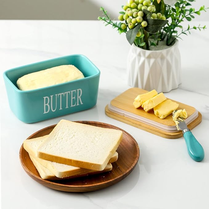 Hasense Butter Dish, Ceramic Butter Container with Lid Holds For Countertop, Large Butter Holder with Knife Spreader for Counter, Silicone Sealing Butter Keeper with Cover for Kitchen,Turquoise