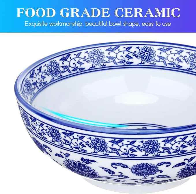 Kichvoe Blue and White Porcelain Bowl 8 Inch Oversize Chinoiserie Noodle Bowl Asian Serving Soup Large Ceramic Ramen for Home and Restaurant
