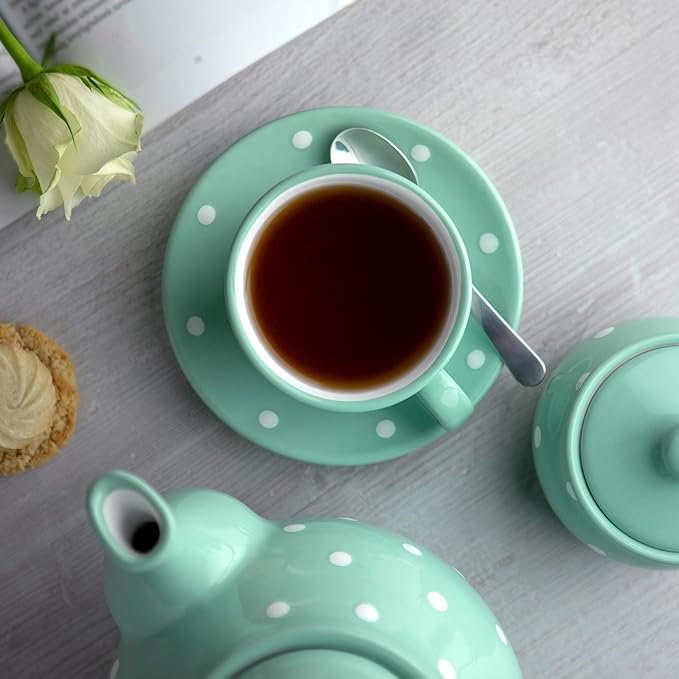 City to Cottage Handmade Teal Blue and White Polka Dot Ceramic 8.4oz/250ml | Cappuccino, Coffee, Tea Cup and Saucer, Unique Designer Pottery Gift for Tea Lovers