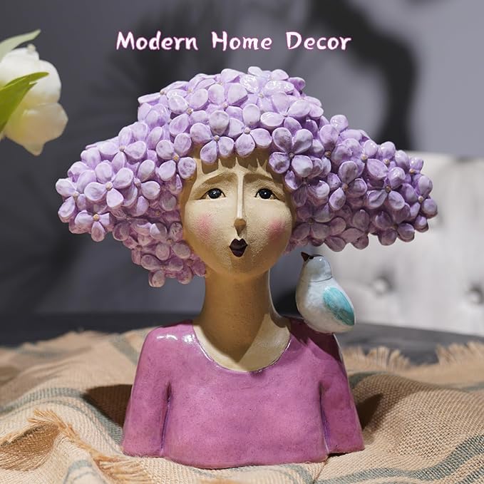 DiliComing Garden-Statues Women-Head Statues for Home Decor - 11 Inch Women with Bird Modern Art Statue, Animal Sculptures for Home and Garden 10.5 x 5.5 x 11 Inch (Purple)