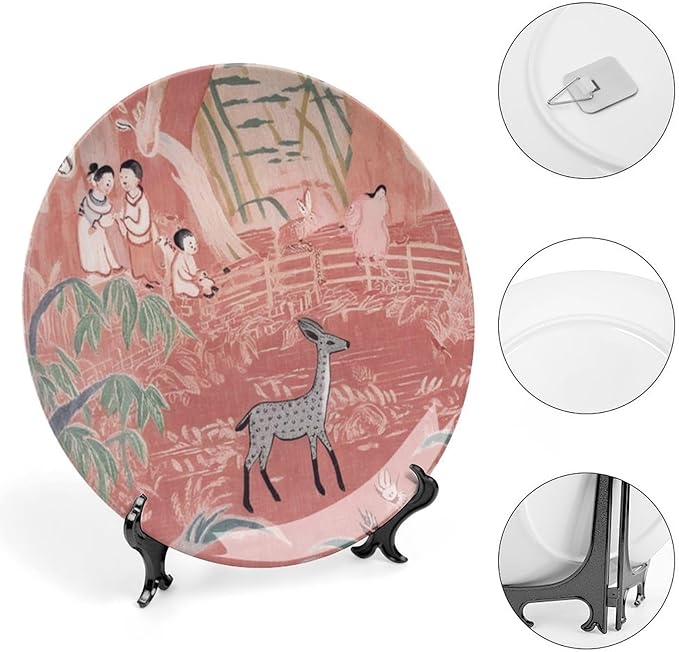 Fishing Village Orange Ceramic Decorative Plate for Display Chinoiserie Pagoda Coral Pink Asian Farmhouse Wedding Supplies Table Holiday Party Decorations Personalized Gifts Anniversary