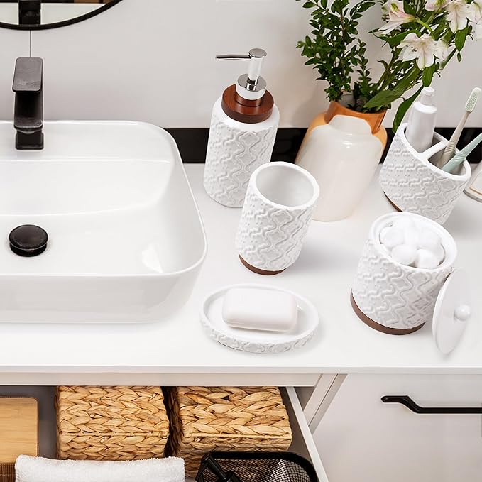 Elegant 5 PCS Ceramic&Wood Bathroom Accessories Set:Soap Dispenser,Toothbrush Holder,Tumbler,Soap Dish,Cotton Swab Jar,Easy to Clean,Quatrefoil Pattern,White-Affordable Home Luxury