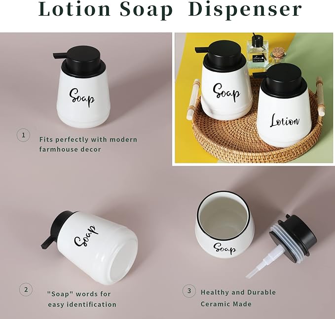 LEETOYI Farmhouse Ceramic Soap and Lotion Dispenser Set with Pump 14oz for Bathroom (White)