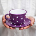 City to Cottage Handmade Purple and White Polka Dot Large Ceramic 12oz/350ml Cappuccino Coffee Tea Cup and Saucer, Unique Designer Pottery for Tea Lovers