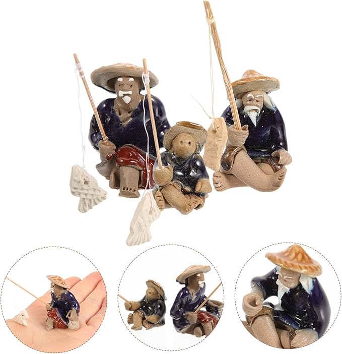Mikikit 12pcs Miniature Fisherman Figurines Ceramic Old Man Statues for Garden Decor Bonsai and Aquariums Realistic Fishing Models for Landscape and Zen Gardens