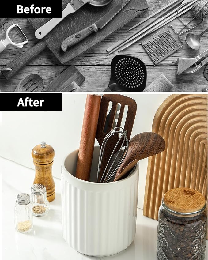 HASENSE Utensil Holder, 7.3” x 6.2” Farmhouse Utensil Holder for Kitchen Countertop, Ceramic Cooking Utensil Crock, Kitchen Utensil Organizer for Wedding Gift, Spatula Holder for Counter, White