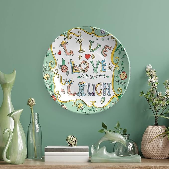 XISUNYA 10 Inch Decorative Plate, Live Laugh Love Decor Dinner Plate, Ornate Doodle Wreath Inspiring Quote Print Ceramic Wall Hanging Decor Accessory for Dining Table Tabletop Home Decor, Multicolor