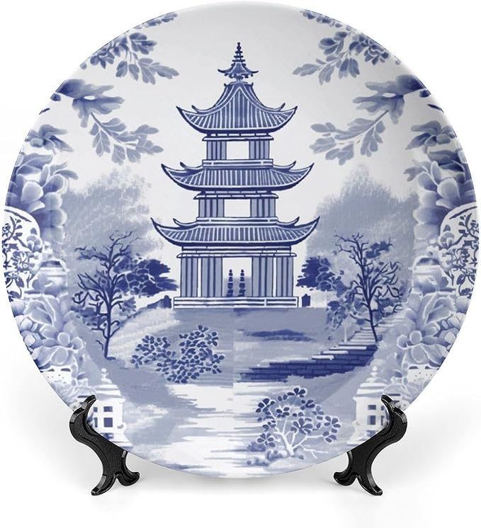 Chinoiserie Blue Asian Pagoda Ceramic Decorative Plate for Display Festival Art Decoration Supplies Home Wedding Holiday Party Decorations Customize Gifts for Men Women Anniversary, 6", 7", 9", 10"