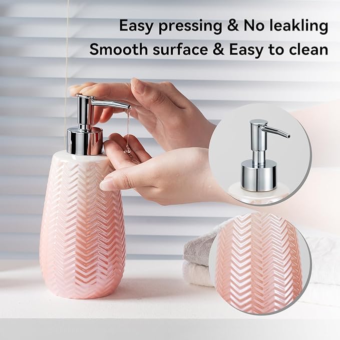 Pink Soap Dispenser with Pump, 12 Oz Lotion Dispenser, Wavy Design Dispenser Refillable Liquid Hand Soap Dispenser for Bathroom and Kitchen.