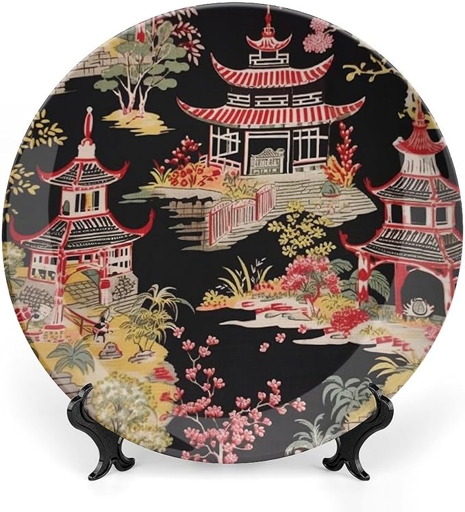 Chinoiserie Charcoal Coral Pagoda Asian Ceramic Decorative Plate, Ancient China Chinoiserie Pagoda Customize Hanging Decorative Tiles for Display Household Home Decor, with 1 Display Stand Art Decor