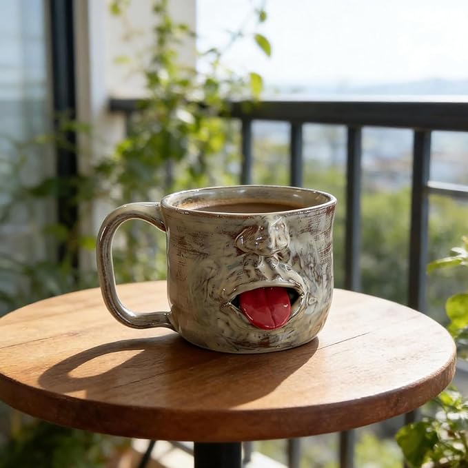 Handmade Face Shaped Ceramic Mug, Funky Novelty Sculptural Coffee Cup with Tongue, Unique Artisanal Pottery for Tea or Coffee, Perfect Gag Gift for Friends, Office & Home Decor (2pcs)