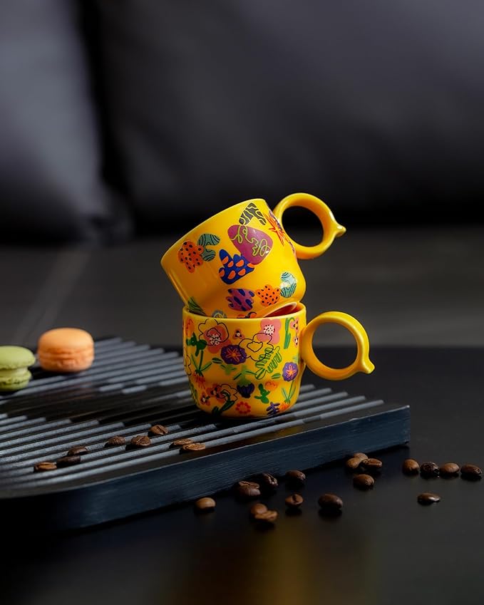 Ceramic Mini Espresso Cups Set of 2 – 3 oz Double Espresso Coffee Cups with Q Handle, Yellolw Floral and fruit Pattern, Small Espresso Shot Cups for Home Coffee Bar,Lungo