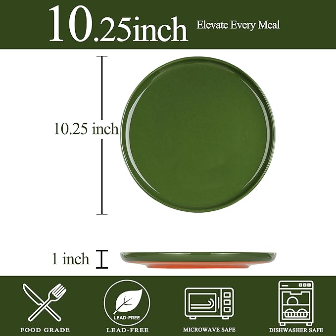 10.25-Inch Dinner Plates Set of 4, Dual Glaze Stoneware Plates, Microwave and Dishwasher Safe, Ceramic Plates for Everyday Dining, Forest Glaze Green