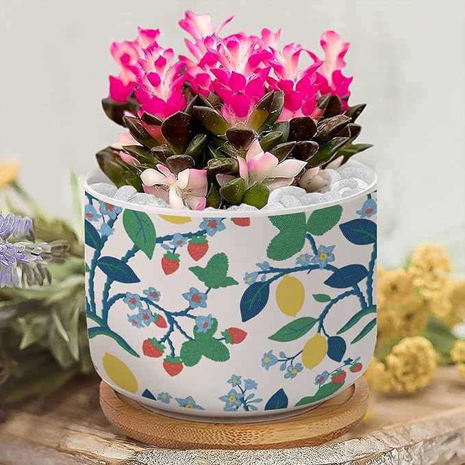 Summer Cherry Lemon Citrus Garden Small Ceramics Planter Set of 3 Leaf Fruit Strawberry Ceramics Plant Pot with Drainage Bamboo Trays Chinoiserie Style Succulents Pots