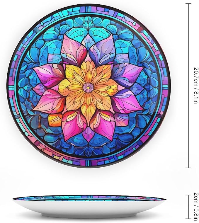 Decorative Plates, Boho Flower Stained Glass Design Ceramic Dinner Plate Home Wobble-Plate with Display Stand, Wall Hanging Decor for Dining Room Kitchen Household 8 Inch, Gifts for Family Friends