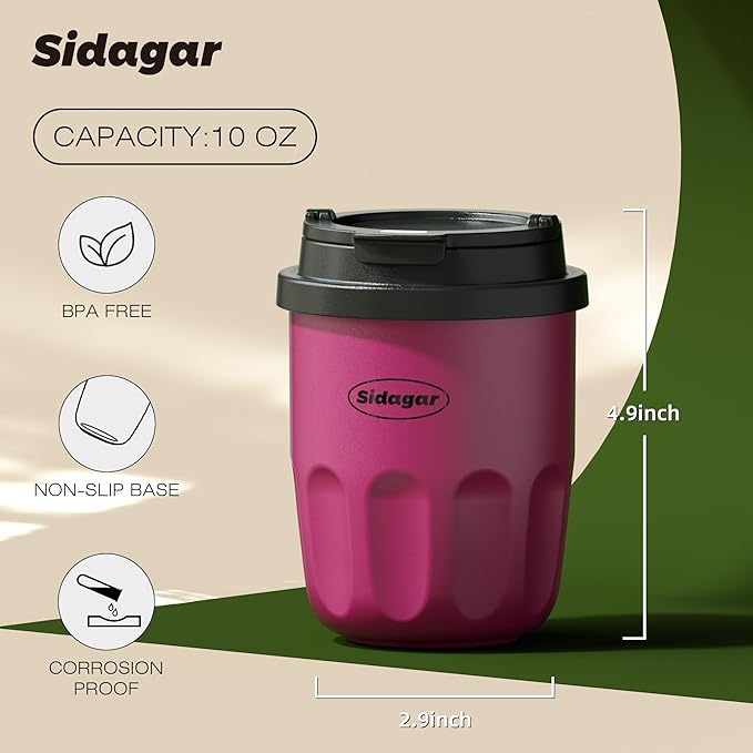 Travel Coffee Mug 10 oz Ceramic Lined Tumbler, Double Wall Stainless Steel Coffee Cup with Lid, Vacuum Spill Proof Mini Water Bottle, Insulated Thermal Mug for Home Office, Purple