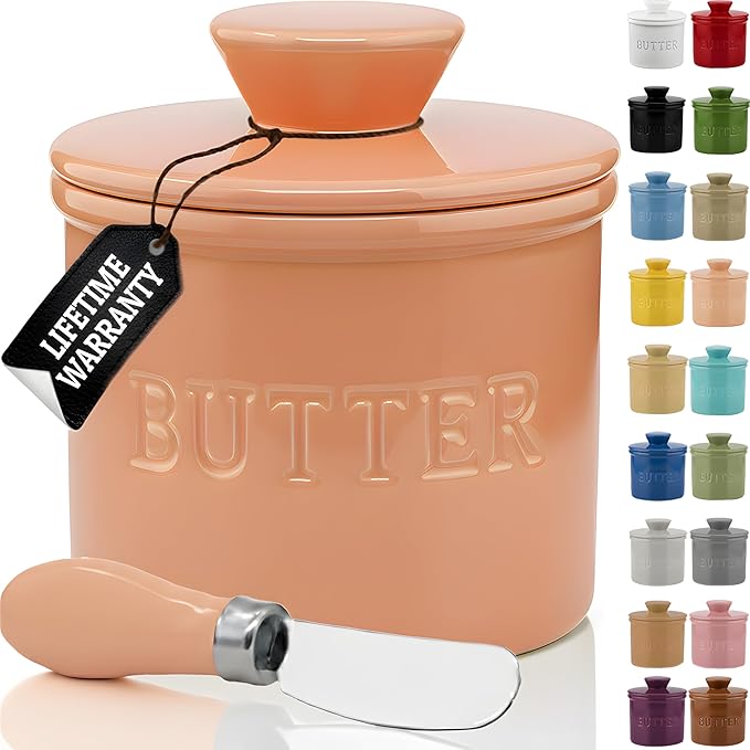 PriorityChef Butter Crock with Lid with Water Line, Ceramic French Butter Dish to Leave On Counter, Peach