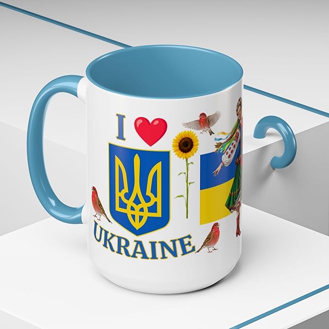 I Love Ukraine 15 oz Coffee Mug - Gift - Christmas Birthdays Gift; Tea Cup (Light Blue Handle)