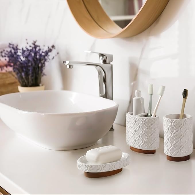 Elegant 5 PCS Ceramic&Wood Bathroom Accessories Set:Soap Dispenser,Toothbrush Holder,Tumbler,Soap Dish,Cotton Swab Jar,Easy to Clean,Quatrefoil Pattern,White-Affordable Home Luxury