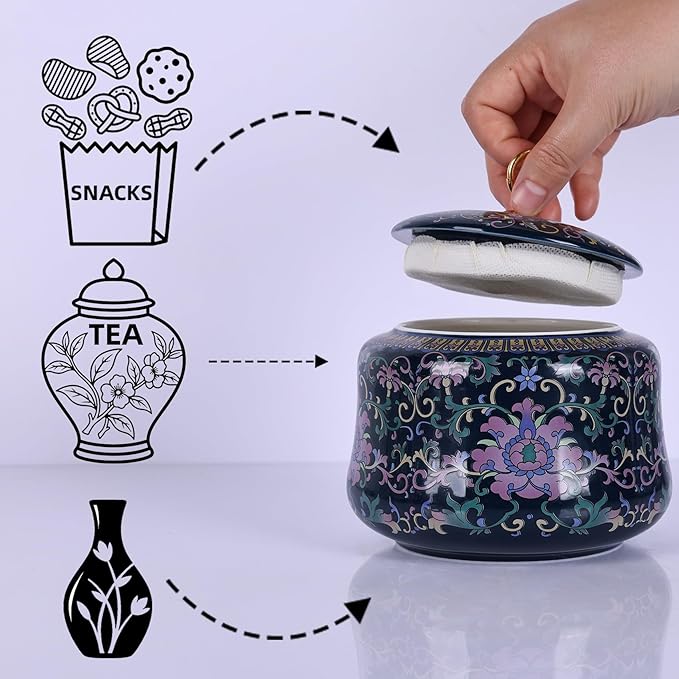 Handmade Chinoiserie Enamel Ginger Jar with Lid,Decorative Storage Jar for Loose Tea,Nuts & Snacks,Ceramic Vase Style Home Decor Canister,Colorful Jar for Kitchen,Living Room (Blue Jar)