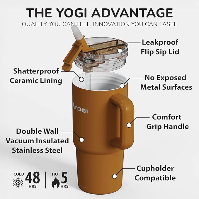 YOGI Ceramic Lined Metal Allergy Safe 24oz Tumbler with Handle and Straw Leakproof Flip & Sip Lid Vacuum Insulated Stainless Steel Travel Cup for Iced Coffee Water and All-Day Hydration 24oz Amber