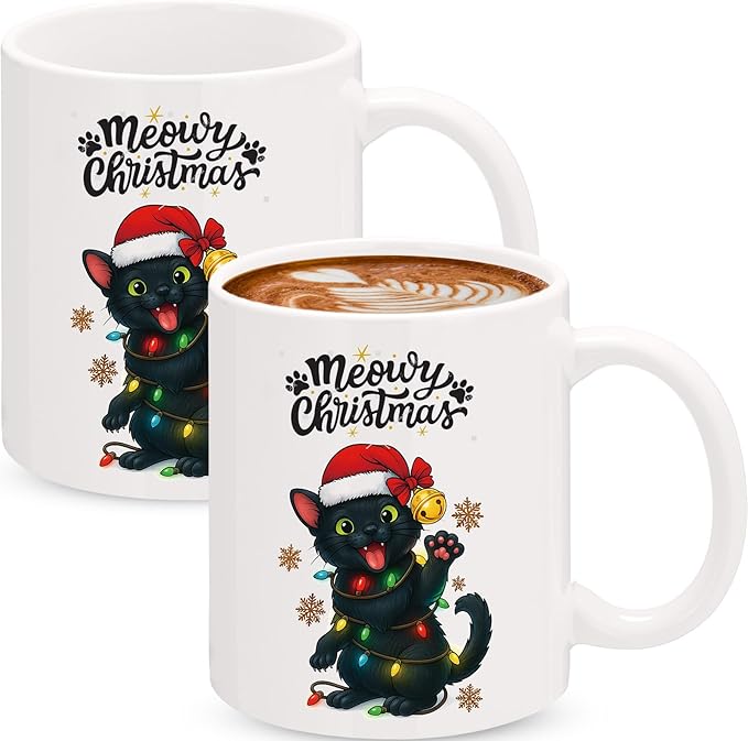 Sliner 2 Set Black Cat Gifts Coffee Mugs 11 oz Christmas Ceramic Coffee Cup Funny Cute Tea Cup Xmas Holiday Birthday Gifts for Men Women Cat Lovers