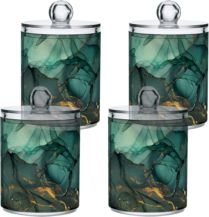 MNSRUU 4 Pack Qtip Holder Organizer Dispenser Turquoise Green Marble Bathroom Containers Bathroom Vanity Storage Canister Apothecary Jars for Cotton Swabs/Pads/Floss