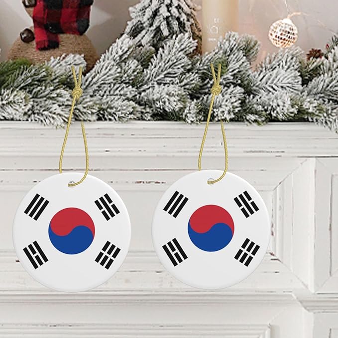 Flag of Republic of Korea Christmas Ornament Round Xmas Ceramic Hanging Ornament for Fireplace Wedding Holiday Party Xmas Decoration Gift