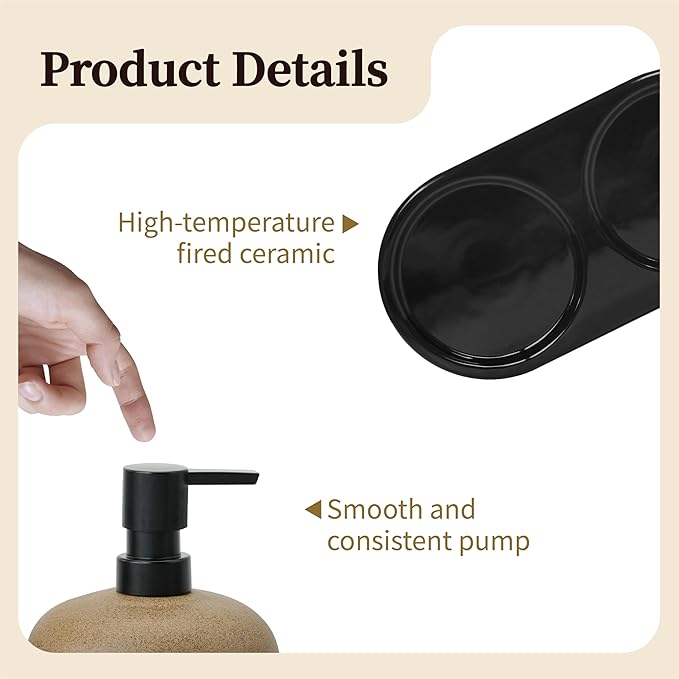 10oz Ceramic Hand Soap Dispenser, Elegant Liquid Soap Dispenser for Bathroom Countertop, Heavy & Sturdy Dish Soap Dispenser for Kitchen (Brown Set of 2 & Ceramic Tray)