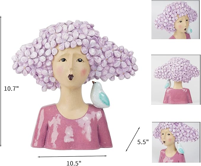 DiliComing Garden-Statues Women-Head Statues for Home Decor - 11 Inch Women with Bird Modern Art Statue, Animal Sculptures for Home and Garden 10.5 x 5.5 x 11 Inch (Purple)