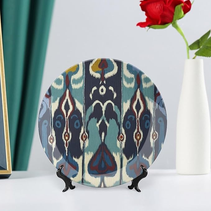 Ikat Indigo Blue Vintage Plates, Customize Wall Hanging Decorative Plate for Kitchen Farmhouse Table Decor, Unique Art with Stand Art Decorations for Home Art Decoration