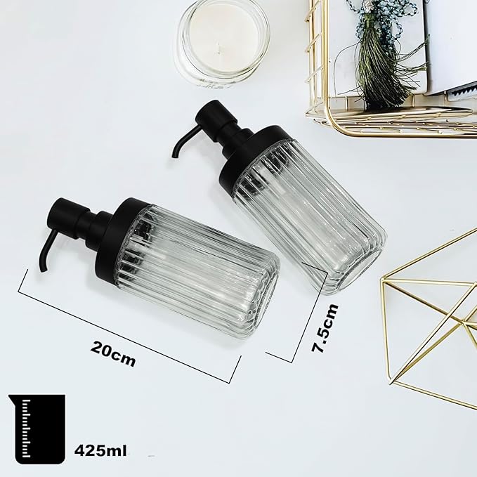2 PCS Glass Soap Dispenser Set for Bathroom & Kitchen Sink Refillable Liquid Soap Bottle with Squeeze Pump for Hand Dish Soap, Shower Gel, Shampoo and Conditioner-425ML
