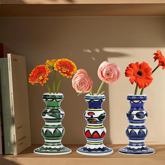 Vixdonos Painted Ceramic Vase Colorful Bud Vase Set of 3 Small Flower Vase Rustic Mini Vases in Bulk for Home Decor, Wedding and Dinner Party(Multicolor)