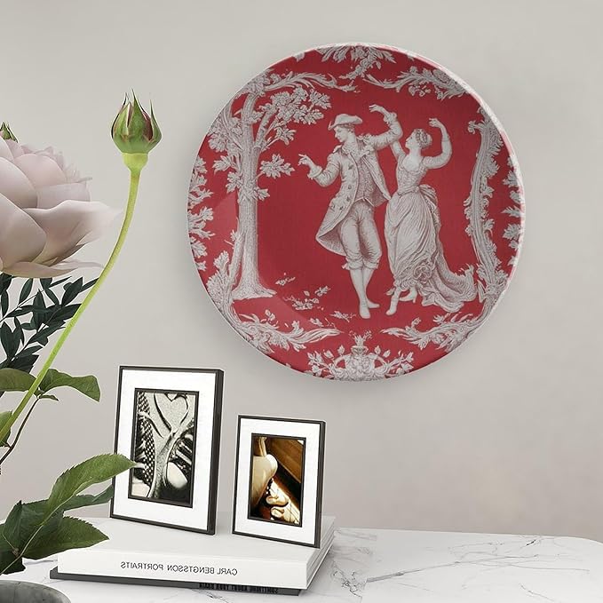 Red And White Toile China Plates, Chinoiserie Toile Personalized Wall Decorative Plate for Wall Office Housewarming Gifts Decor, with Vertical Stand Art Decorations for Table Home