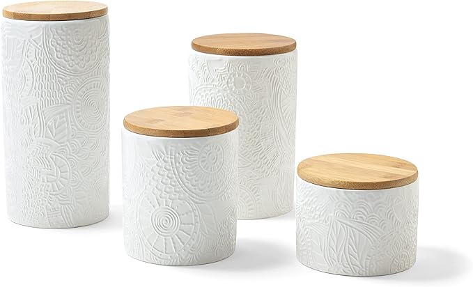 American Atelier Embossed Canister Set 4-Piece Ceramic Set Jar Container with Wooden Lids for Cookies, Candy, Coffee, Flour, Sugar, Rice, Pasta, Cereal & More White