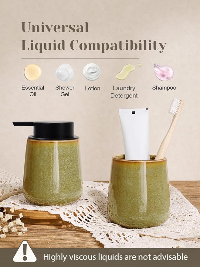 INGOFIN Ceramic Lotion Dispenser - 12 oz Refillable Hand Soap Dispenser Bathroom, Modern Liquid Soap Dispenser with Pump, Dish Dispenser for Kitchen,Kiln-Glazed Earthy Greenish-Brown