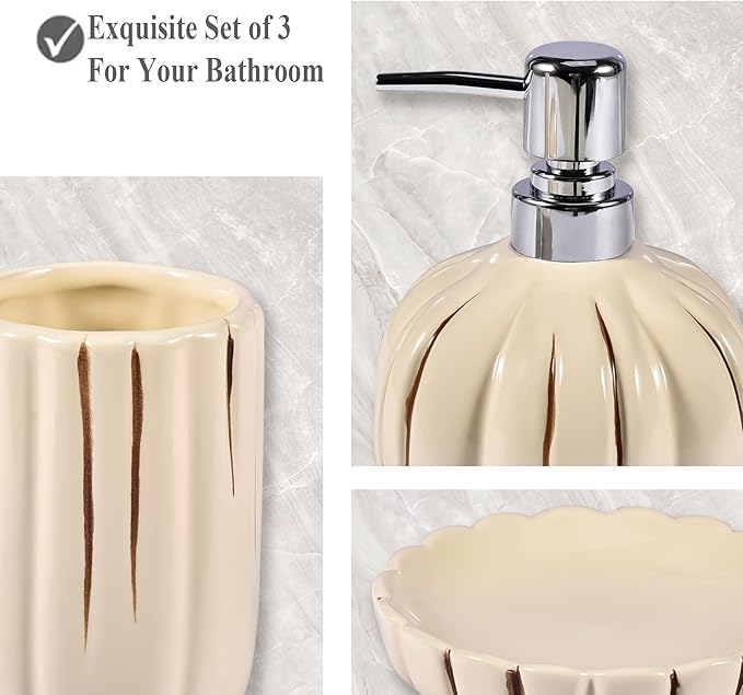 Fall Bathroom Accessory Set of 3, Harvest Pumpkin Bathroom Decor, Ceramic Bathroom Accessories Complete -Toothbrush Holders, Soap Dispenser, Soap Dish, Bathroom Organizer for Countertop