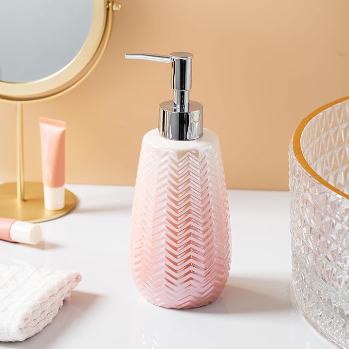 Pink Soap Dispenser with Pump, 12 Oz Lotion Dispenser, Wavy Design Dispenser Refillable Liquid Hand Soap Dispenser for Bathroom and Kitchen.