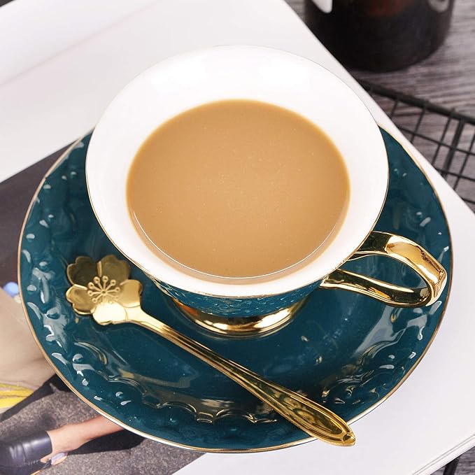 VanEnjoy Green Vintage 8 Ounces Porcelain Coffee Cup,Tea Cup and Saucer Set and Saucer with Decorative Scale Pattern, Vintage